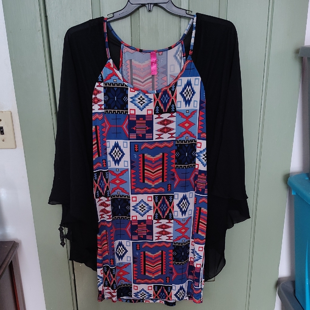 Trac Aztec Print Blouse with Black Overlay